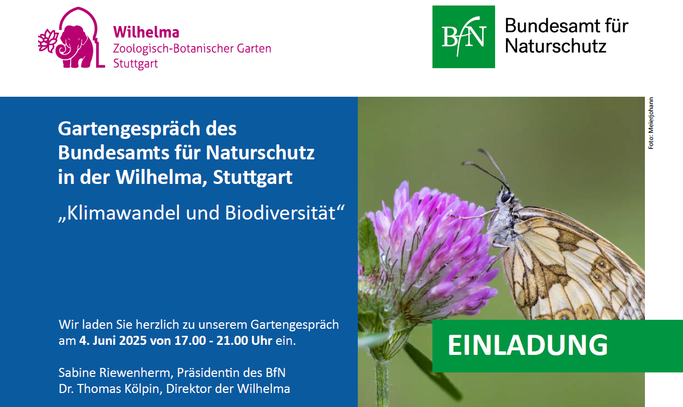 Das Bild zeigt die Einladung zum Gartengespräch des Bundesamts für Naturschutz in der Wilhelma in Stuttgart mit dem Titel „Klimawandel und Biodiversität“ am 04. Juni von 17 bis 20 Uhr. 